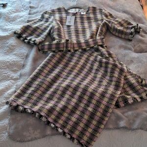 Nordstrom Pink Black Cream Plaid Tweed Dress with Belt